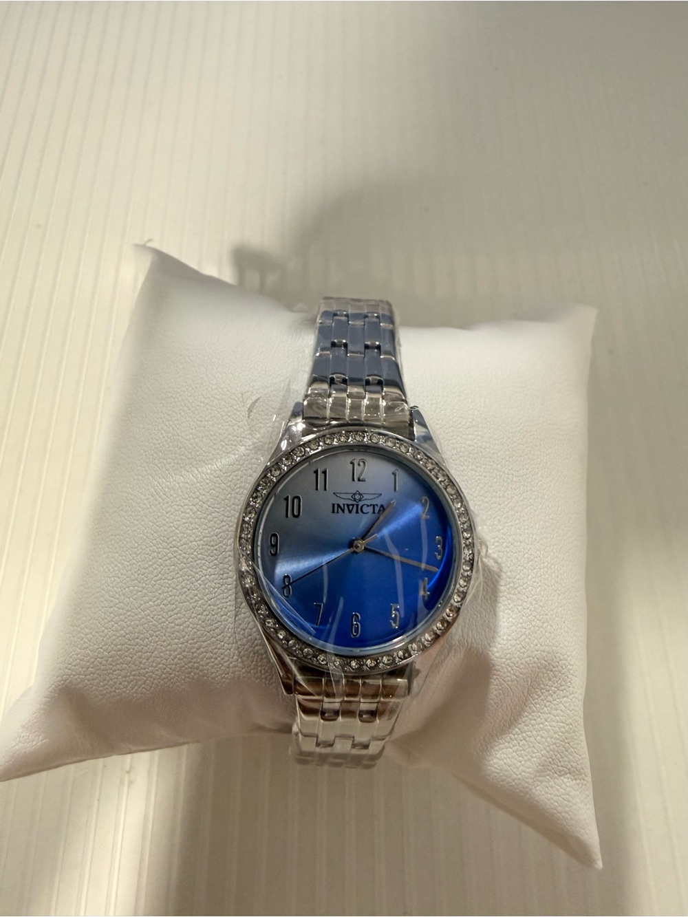 Invicta Silver Watch with Blue Sunburst Dial and Crystal Accent